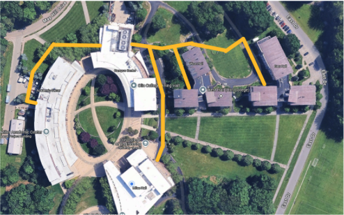 Image of campus with emphasized lines for walking path. 