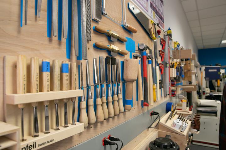 Tools in one of the Shops at Olin College of Engineering A photo of a wall of tools