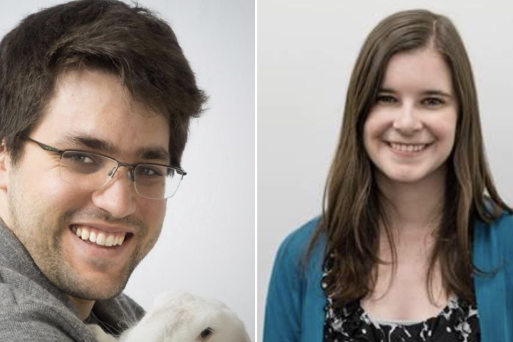 Man with brown hair and glasses headshot next to woman with brown shoulder-length hair and light blue sweater top smiling at camera.