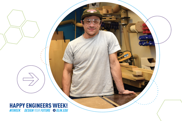 Dyllan Nguyen is shown standing in the Olin Wood Shop. Dyllan Nguyen is shown standing in the Olin Wood Shop.