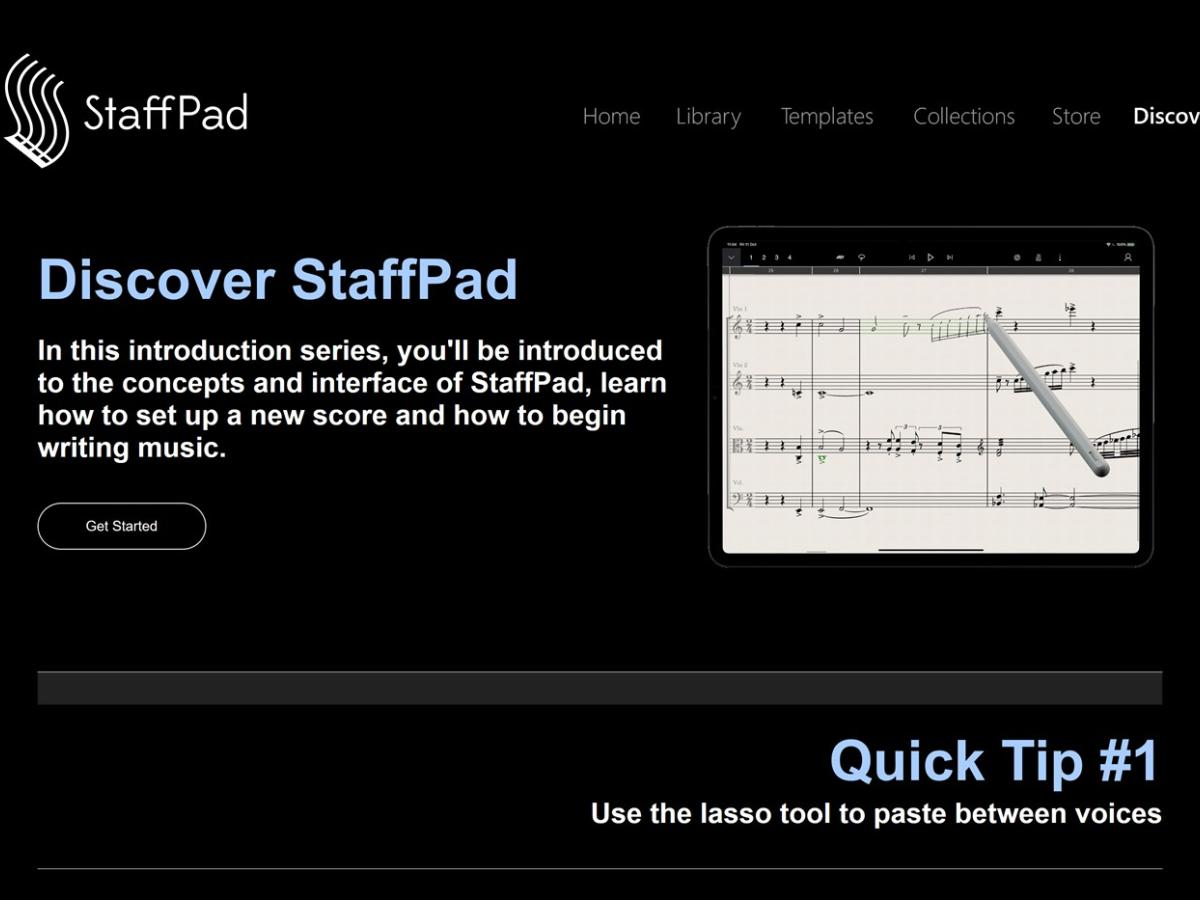 The Staffpad app logo and black and white web page