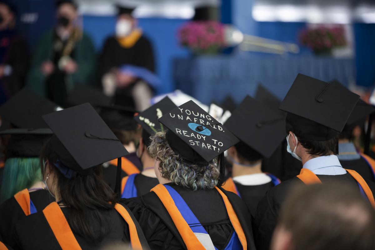 A sea of graduation caps worn by members of the Olin College Class of 2022 are pictured. 