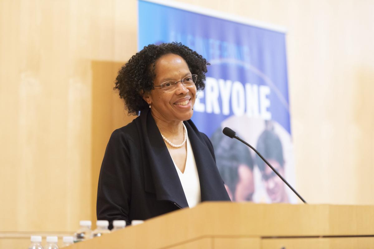 Olin President Gilda A. Barabino stands at the podium in Norden Auditorium during a recent campus event. Olin President Gilda A. Barabino stands at the podium in Norden Auditorium during a recent campus event.