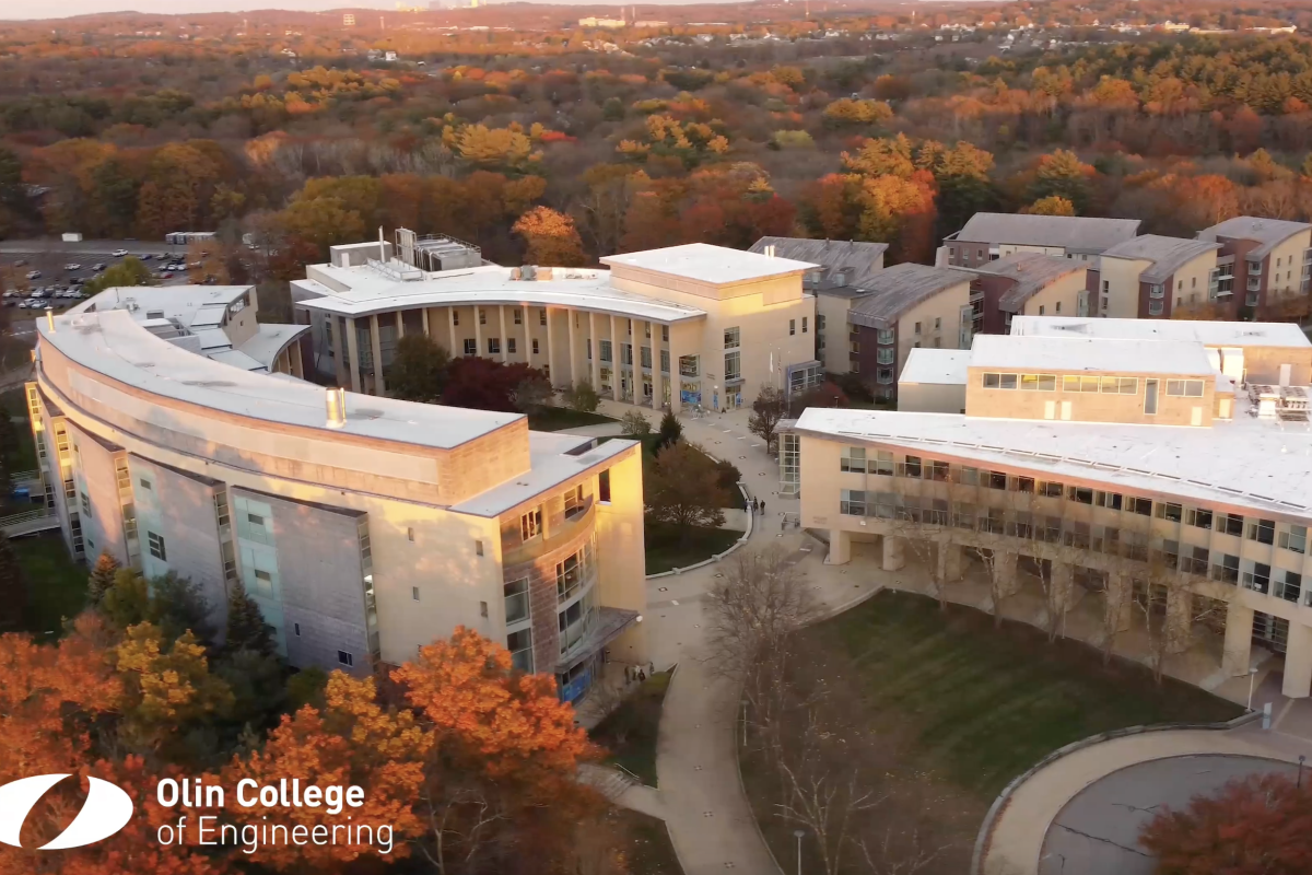 An overhead drone image of a college campus in the fall.