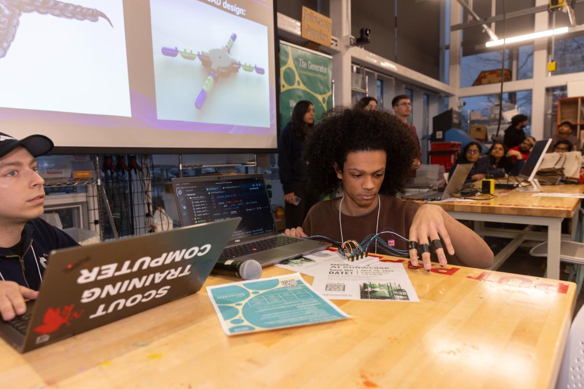 Gabe Zak '25 and Darian Jimenez '27 work on their prototype, Terraflex. Gabe Zak '25 and Darian Jimenez '27 work on their prototype, Terraflex.