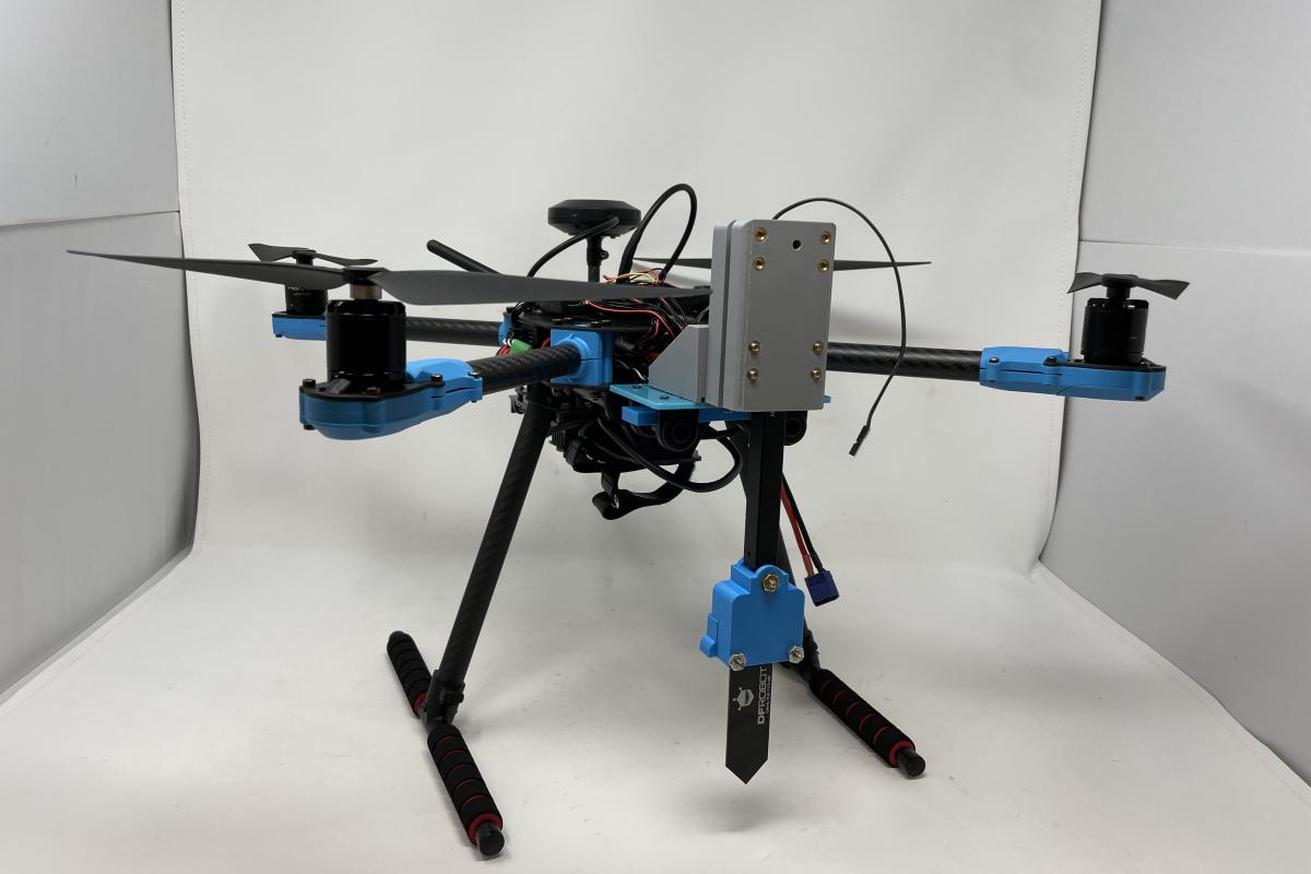 The drone system created by a team of Olin College engineers is shown. The drone system created by a team of Olin College engineers is shown.
