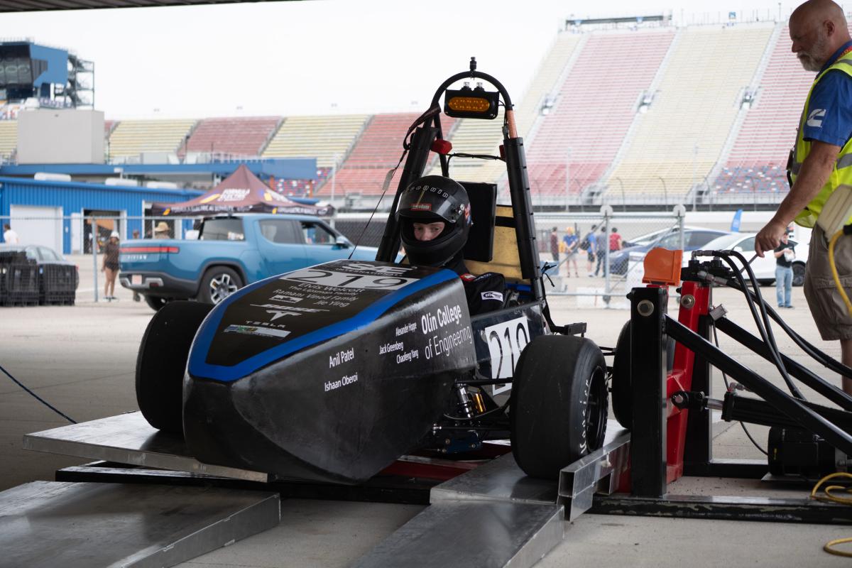 Jake Hamilton '28, OEM project manager for the 25-26 season, is shown inside MK VII during the tilt test at the June 2025 SAE Student Competition. 