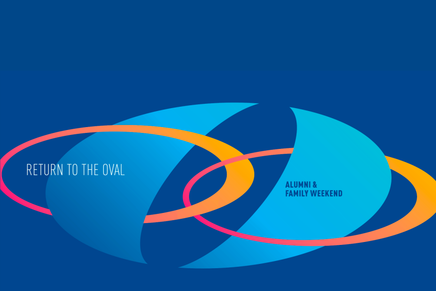 Return to the Oval Banner A vibrant blue graphic with overlapping ovals and colorful rings, featuring the text "Return to the Oval" and "Alumni & Family Weekend."
