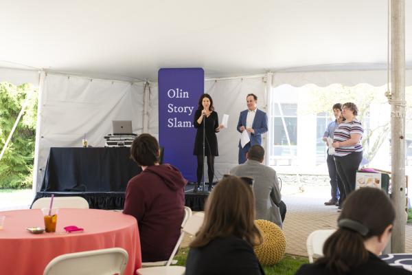 Gillian Epstein and Jonathan Adler speak at a recent Olin Story Slam.