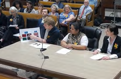 Just Energy activists testify to a town meeting