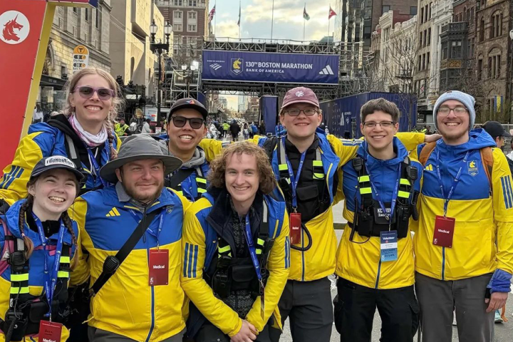Group photo of members of the Olin Collegiate Amateur Radio Club at the 2026 Boston Marathon