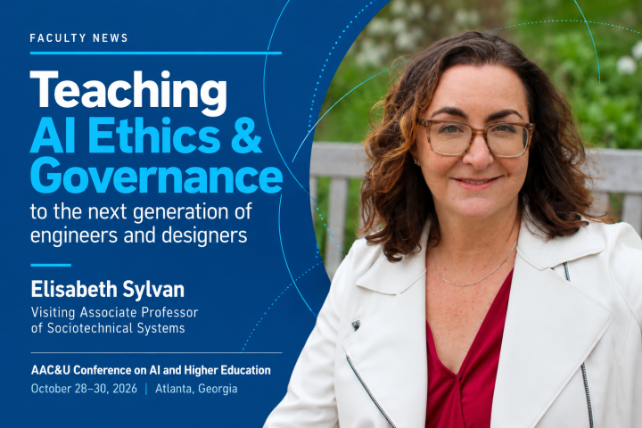 Elisabeth Sylvan, Olin visiting associate professor of sociotechnical systems, is shown on a graphic promoting an October 2026 presentation at the American Association of Colleges and Universities (AAC&U) Conference on AI and Higher Education.