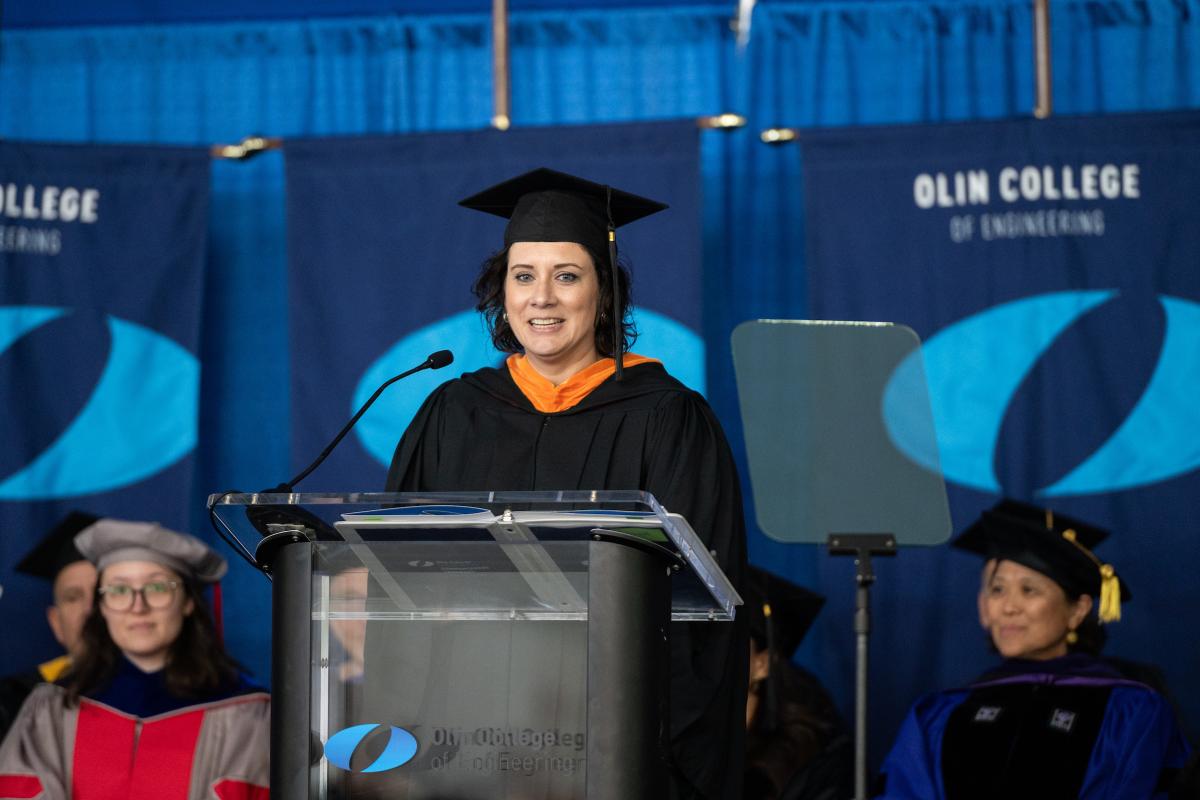 Mikell Taylor ’06, the Ceremony's Alumni Speaker, addresses the Graduates at Olin's Commencement Ceremony on May 15, 2026