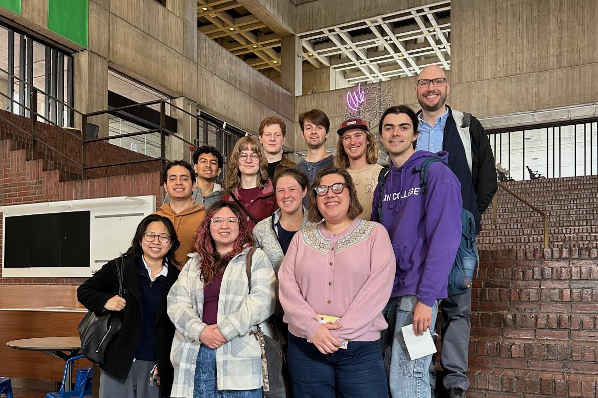 Group photo of Professor Graeff's Local Democracy class outside Boston City Hall