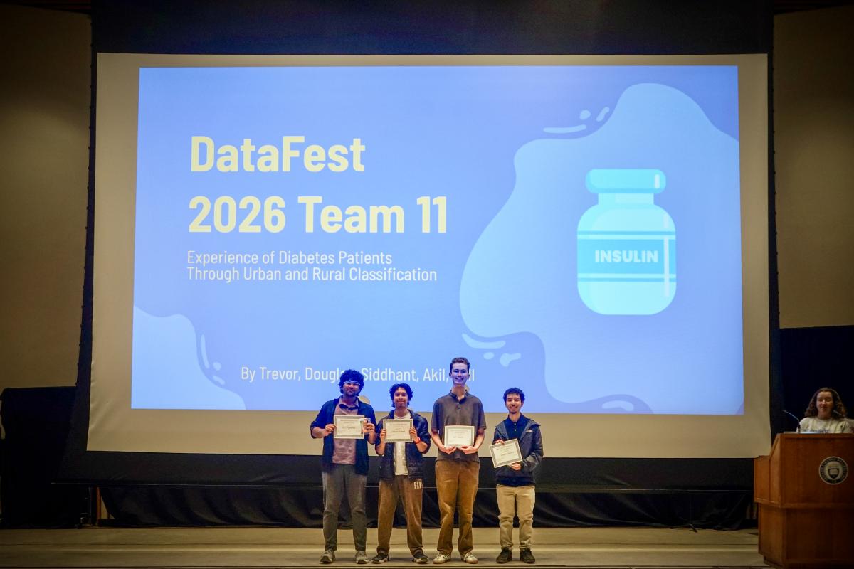 The Olin team of Beadle ’29, Kulkarni ’29, McDonald ’29, Pugalenthi ’29 and Sanchez ’29 winning Best Use of External Data.