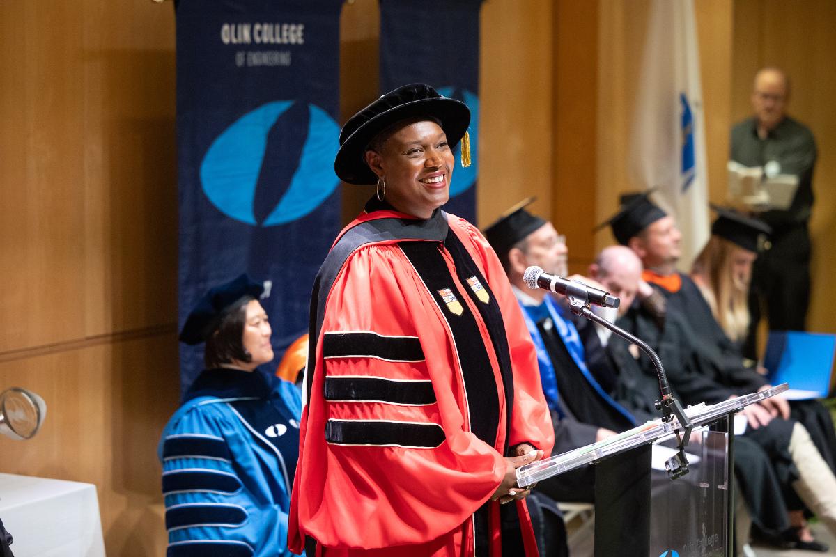 Provost Shayla Sawyer Armand delivers opening remarks at President Lee's inauguration.